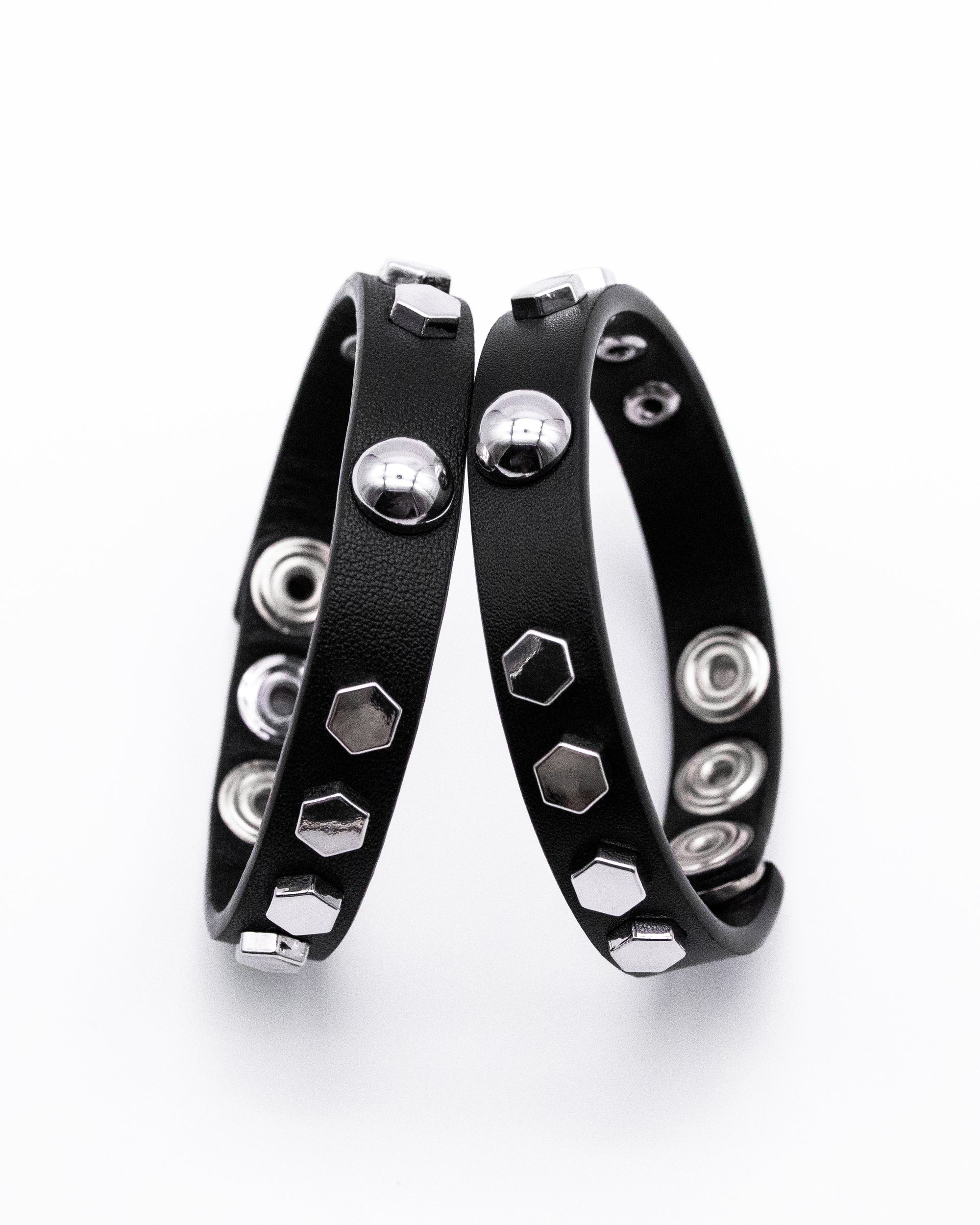 CANCCIO hexagon black leather bracelet duo with silver hexagon studs