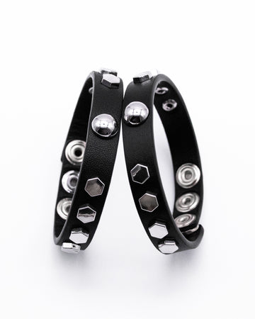 CANCCIO hexagon black leather bracelet duo with silver hexagon studs