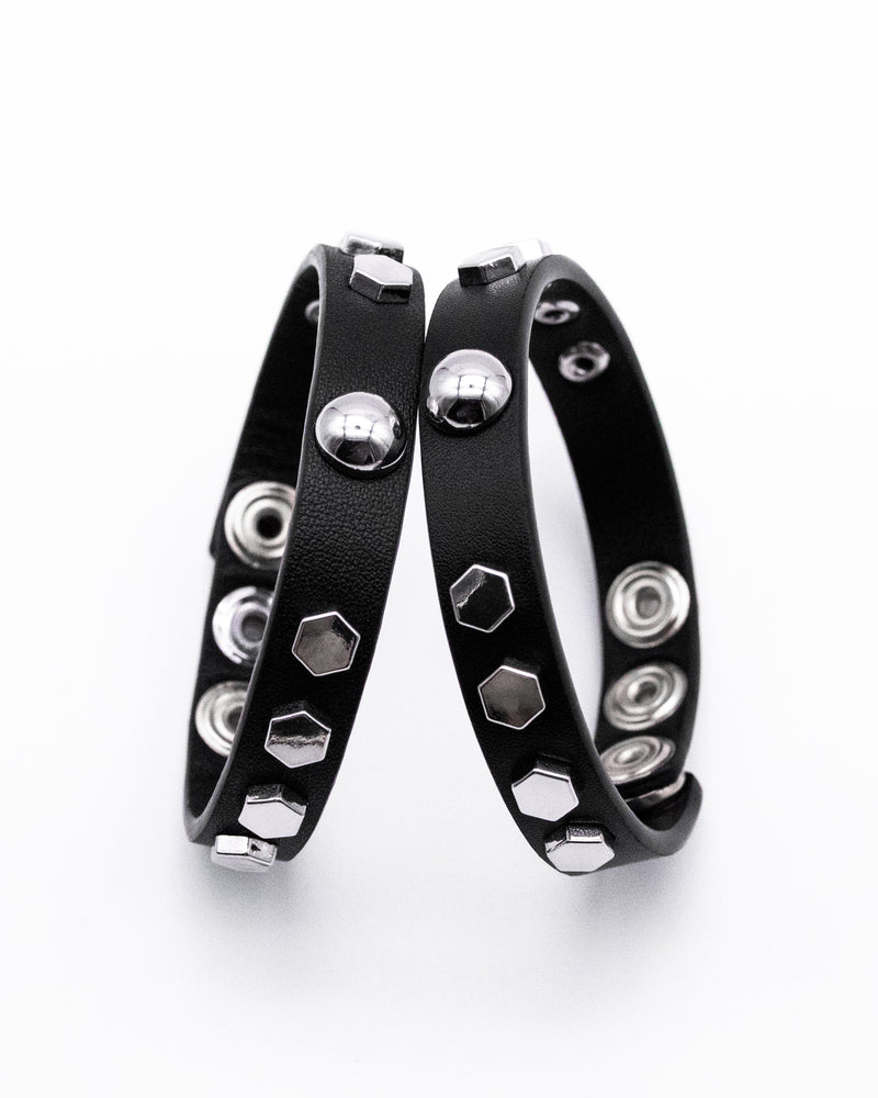 CANCCIO hexagon black leather bracelet duo with silver hexagon studs