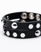 CANCCIO hexagon black leather bracelet duo with silver hexagon studs, texture detail
