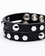 CANCCIO hexagon black leather bracelet duo with silver hexagon studs, texture detail