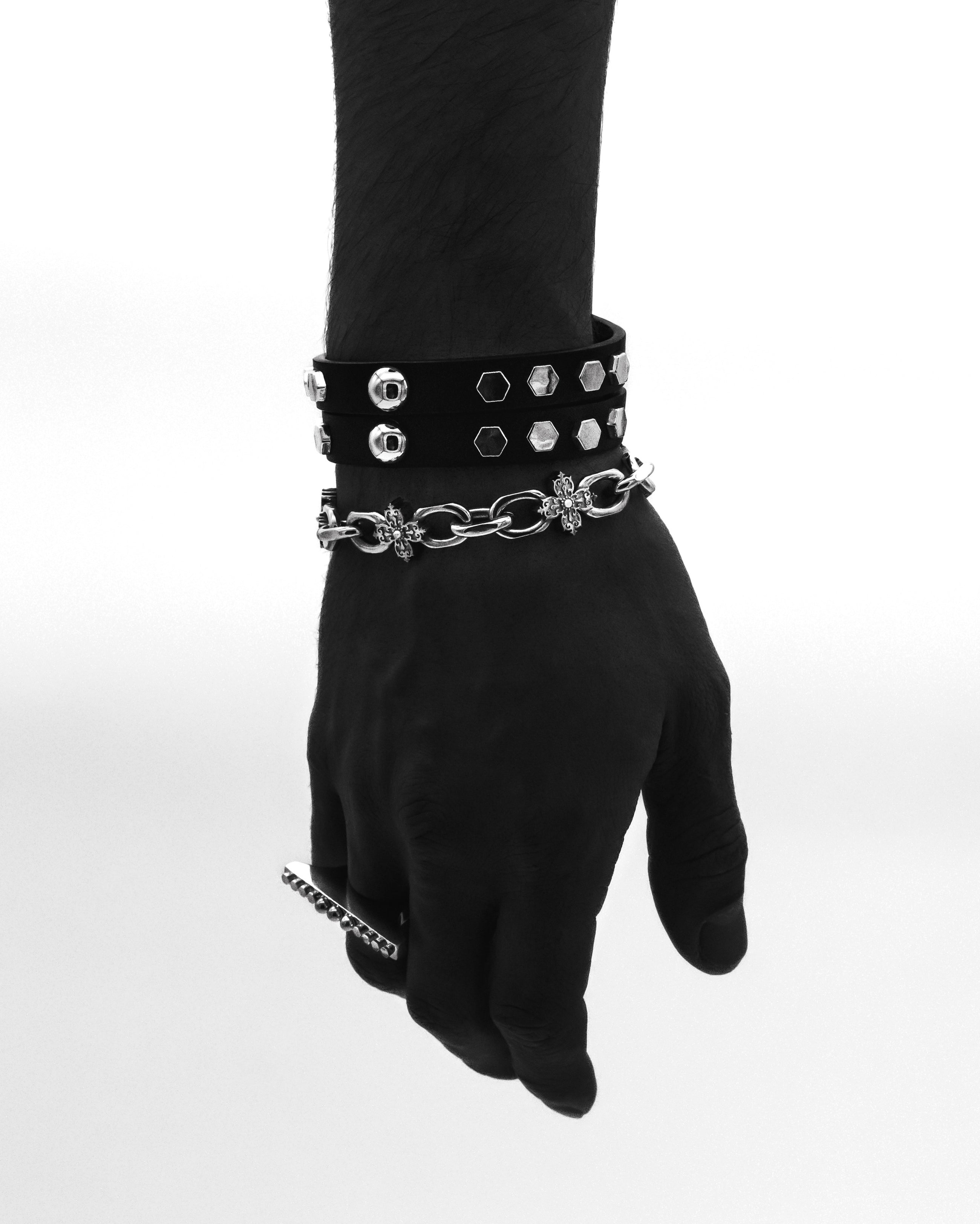 CANCCIO Hexagon black leather bracelet set worn on wrist 