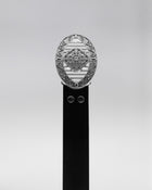 CANCCIO ORNA studded black leather belt with silver buckle, front close up