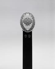 CANCCIO ORNA studded black leather belt with silver buckle, front close up
