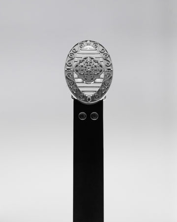 CANCCIO ORNA studded black leather belt with silver buckle, front close up