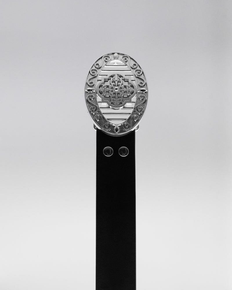 CANCCIO ORNA studded black leather belt with silver buckle, front close up