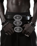 CANCCIO ORNA  black leather belt with silver buckle, on body front close up
