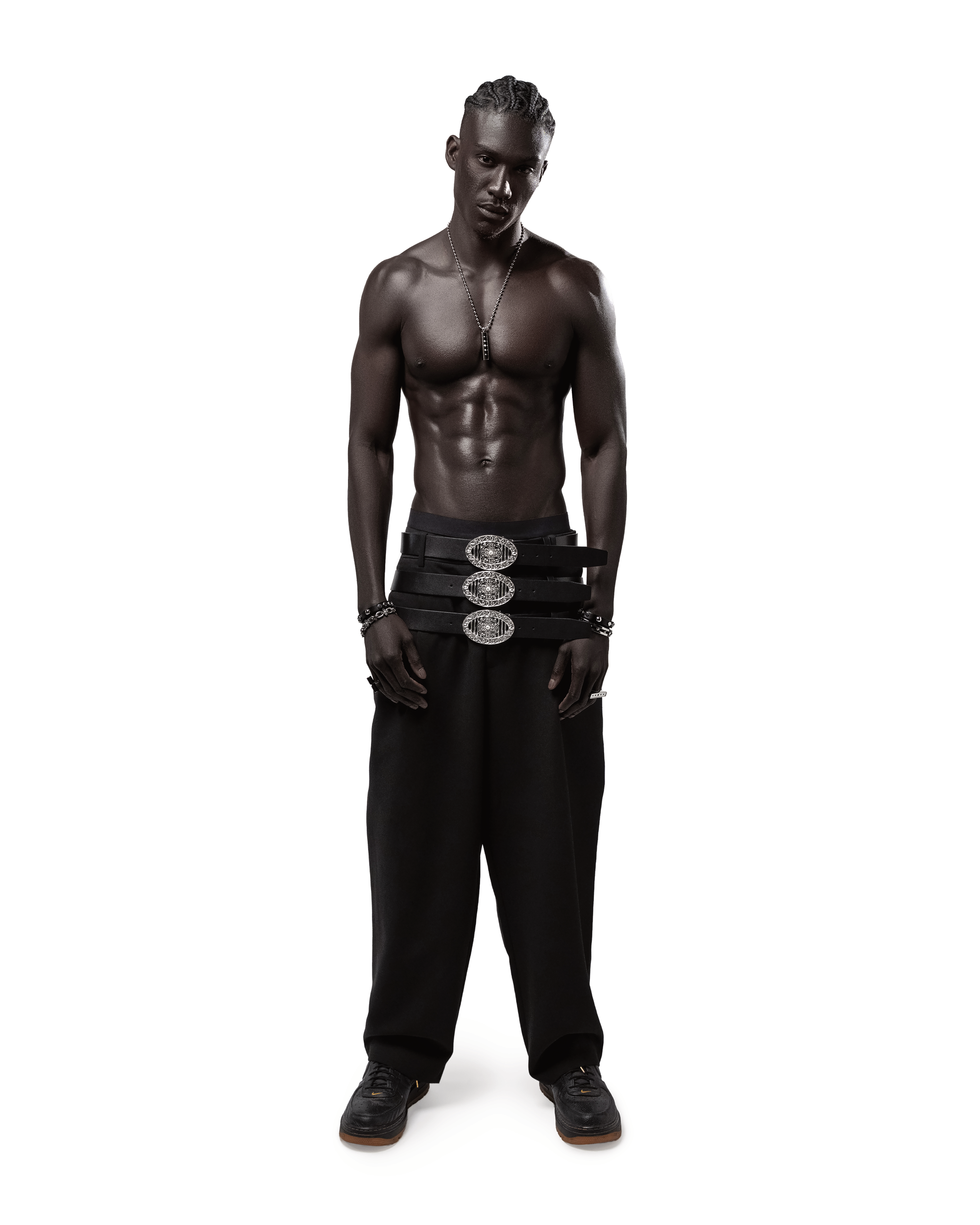 CANCCIO ORNA black leather belt with silver buckle, front view full body 