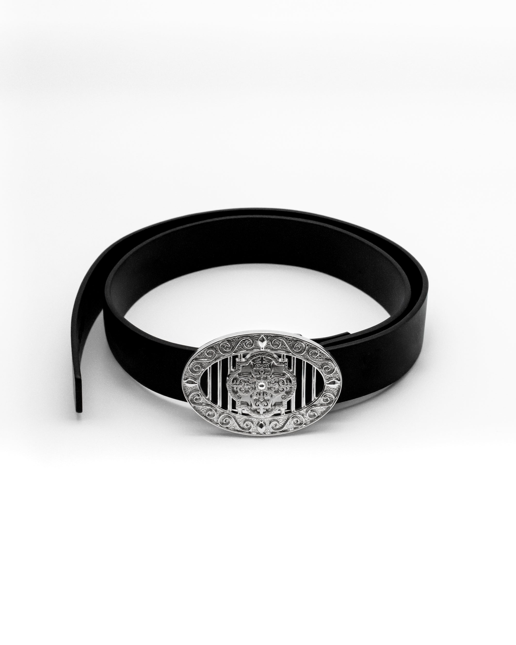 CANCCIO ORNA  black leather belt with silver buckle, full product view