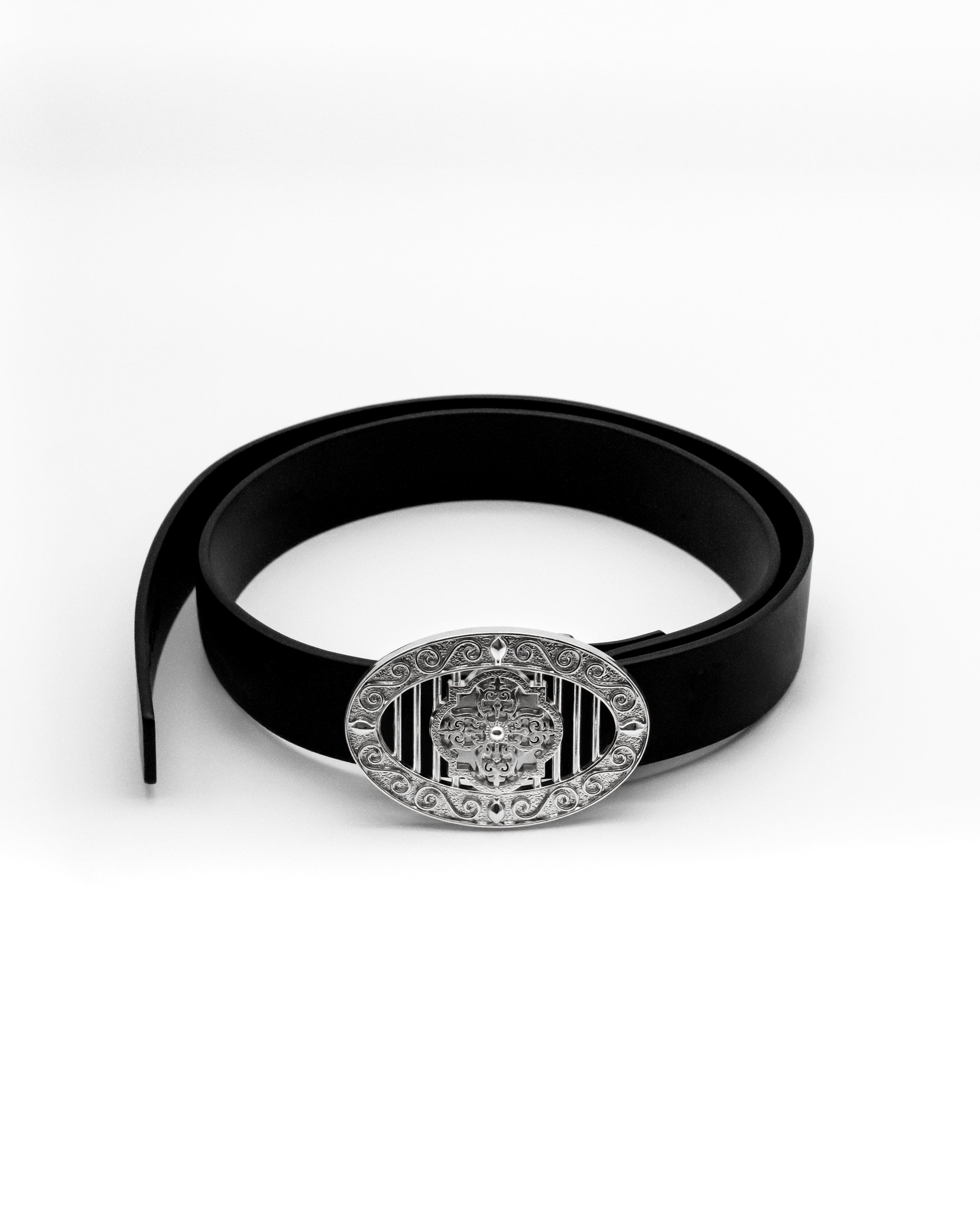 CANCCIO ORNA  black leather belt with silver buckle, full product view