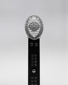 CANCCIO ORNA studded black leather belt with silver buckle, front close up