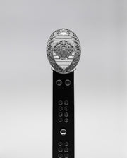 CANCCIO ORNA studded black leather belt with silver buckle, front close up