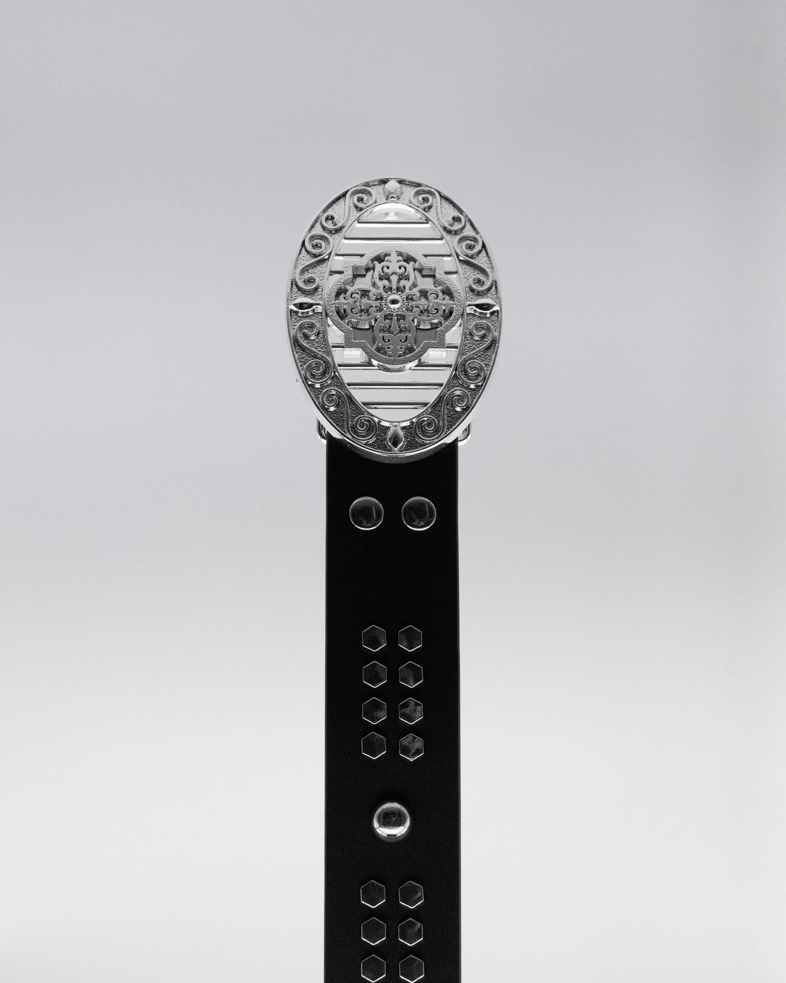 CANCCIO ORNA studded black leather belt with silver buckle, front close up