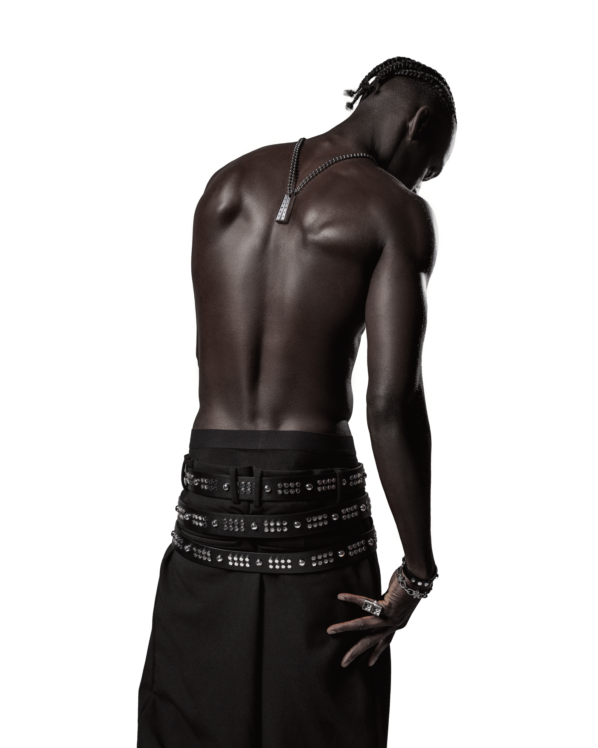 CANCCIO ORNA studded black leather belt with silver buckle, on body back view 