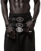 CANCCIO ORNA studded black leather belt with silver buckle, on body front close up