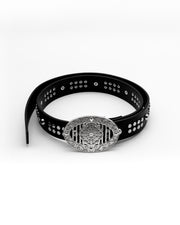 CANCCIO ORNA studded black leather belt with silver buckle, full product view