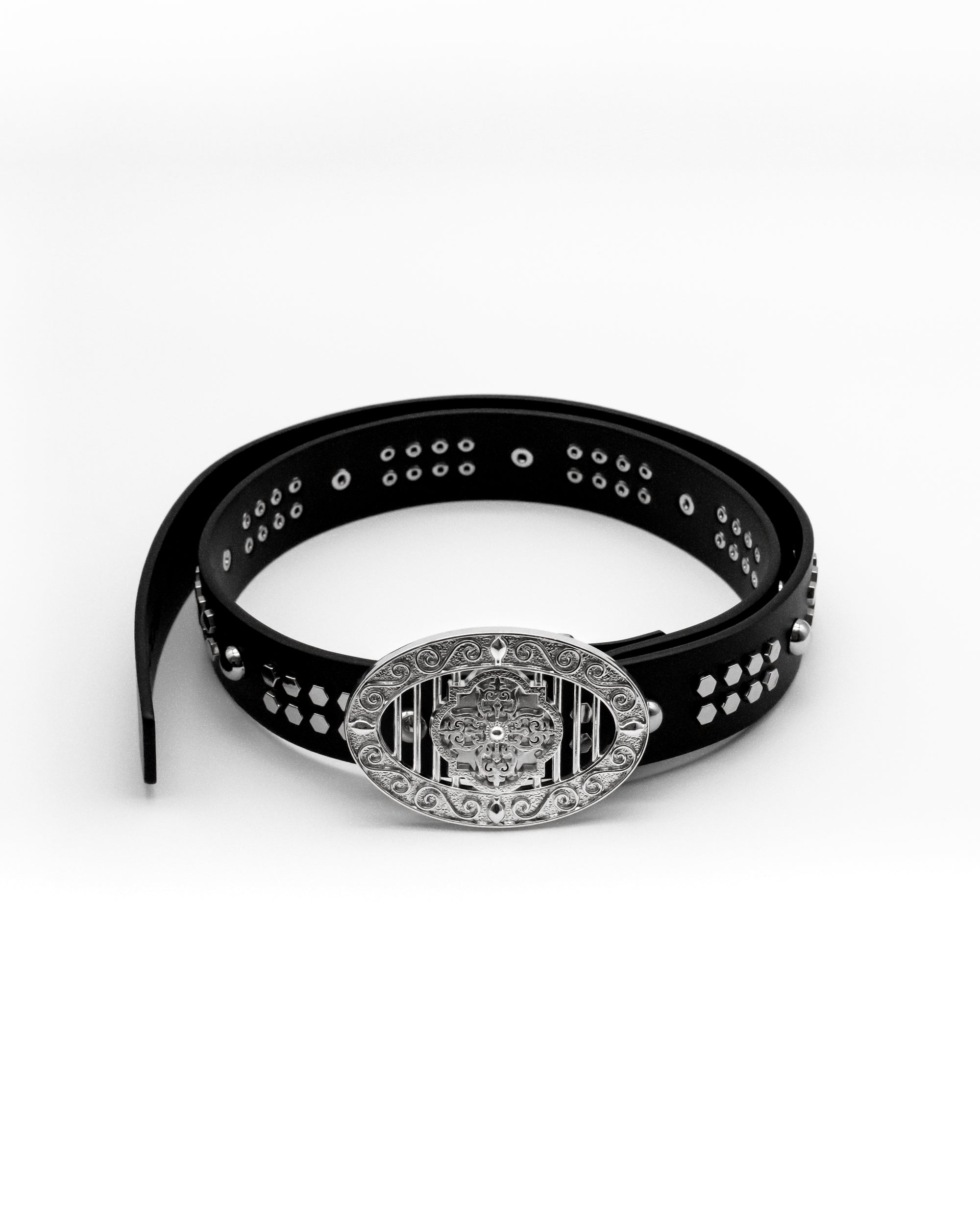 CANCCIO ORNA studded black leather belt with silver buckle, full product view