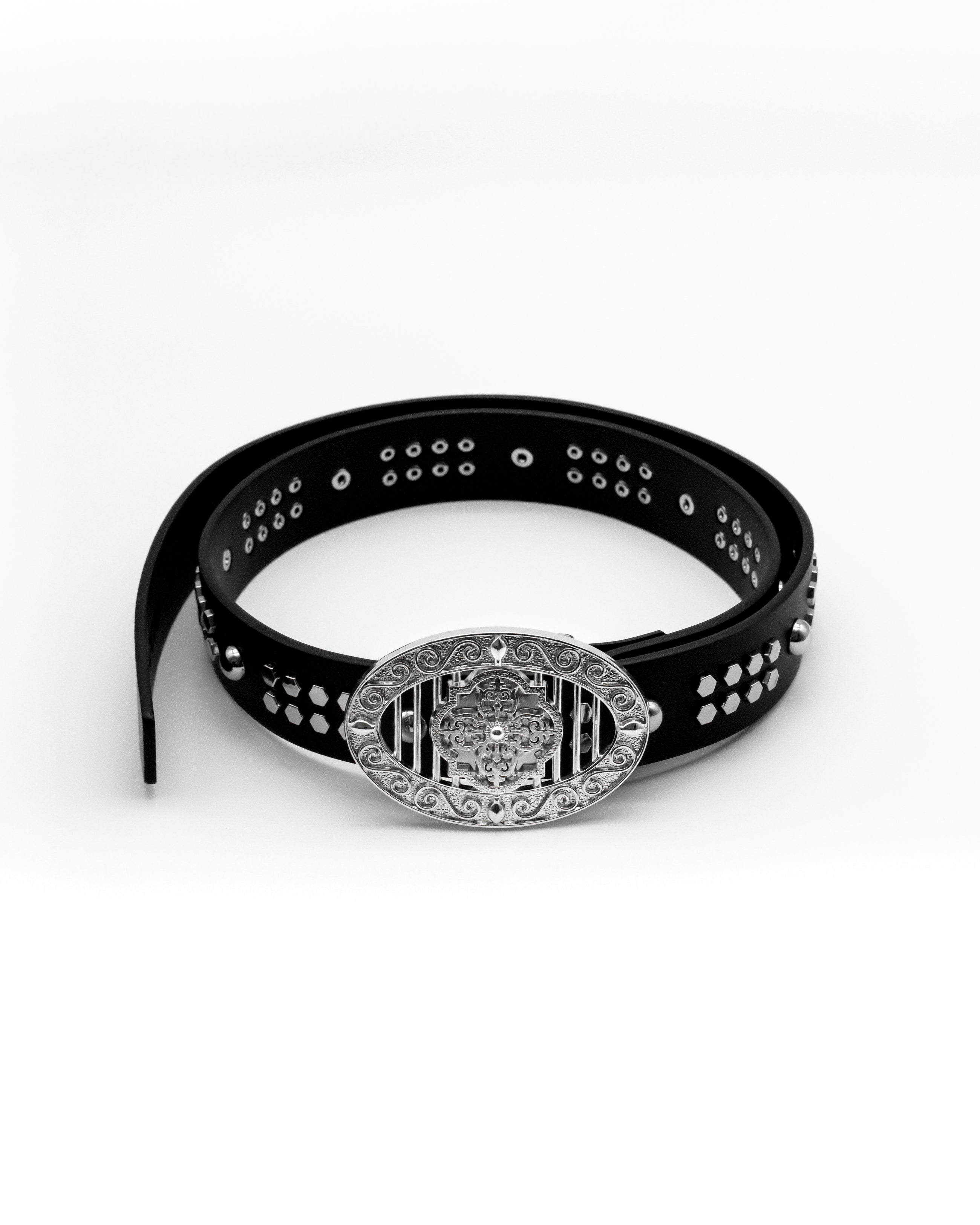 CANCCIO ORNA studded black leather belt with silver buckle, full product view